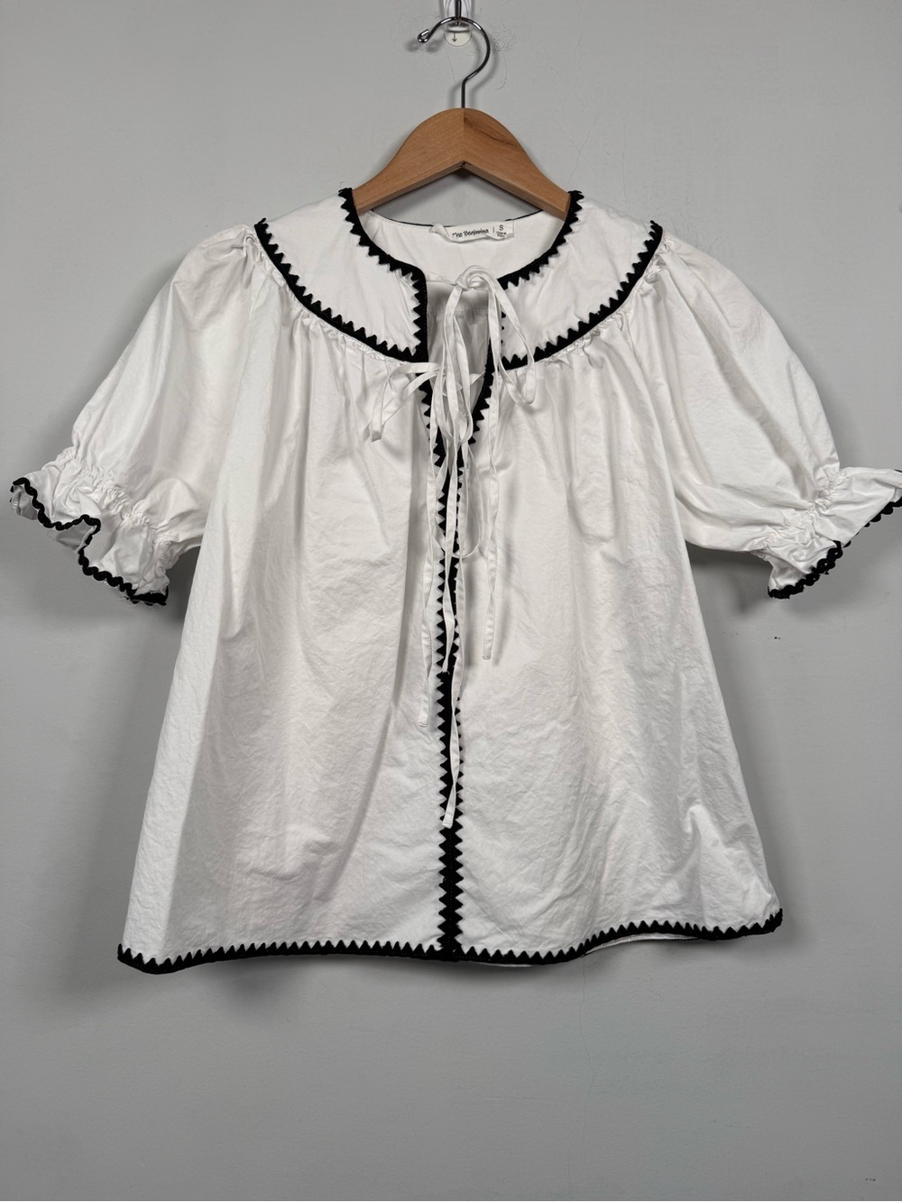 White Puff-Sleeve Tie-Front Blouse with Black Trim, Size S, Excellent Condition